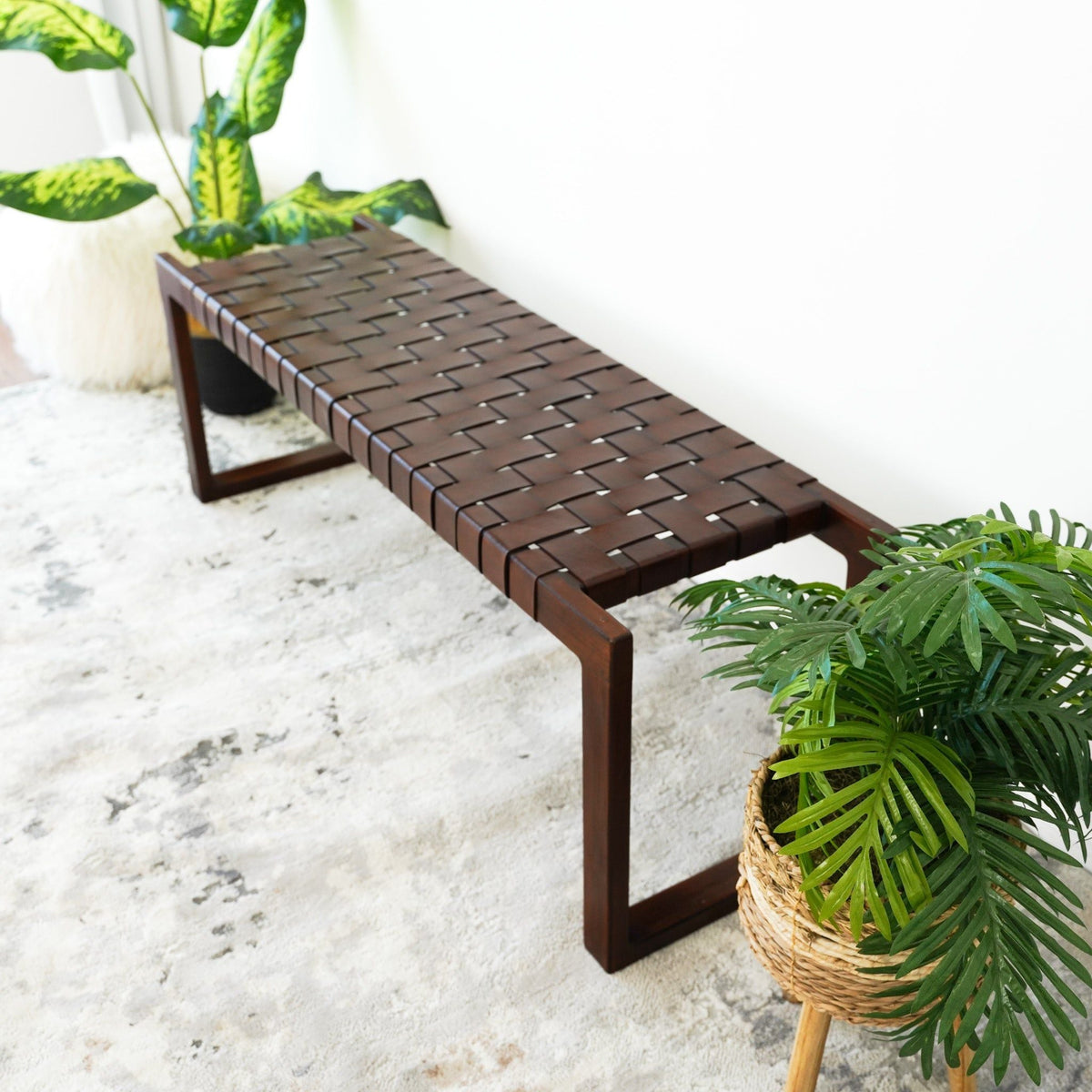 Cognac Brown Upholstered Bench with Genuine Leather Seat - Mid-Century Modern