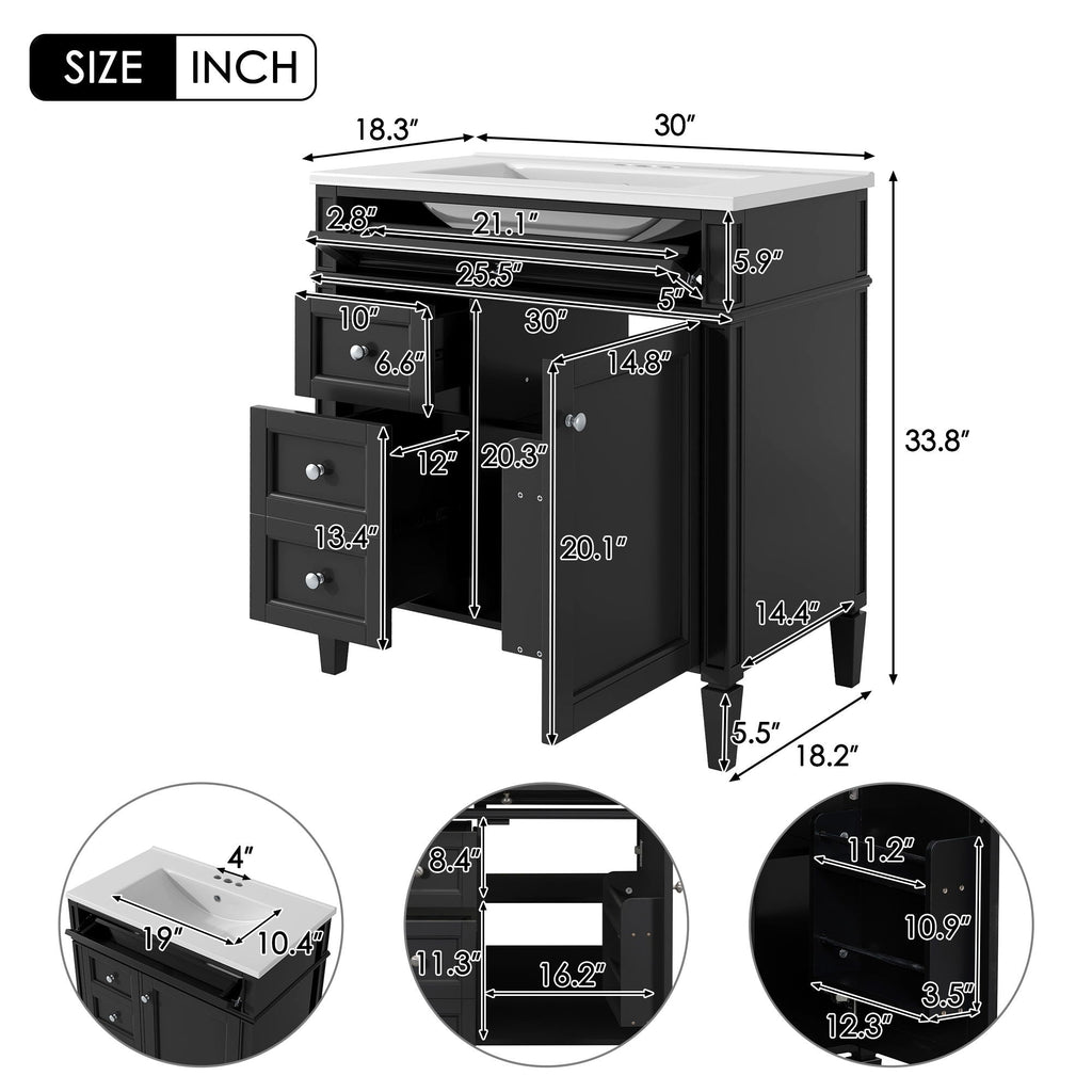 Bathroom Vanity with Ceramic Sink and Multiple Storage Drawers - White, Blue, Dark Gray, Black, Dark Green