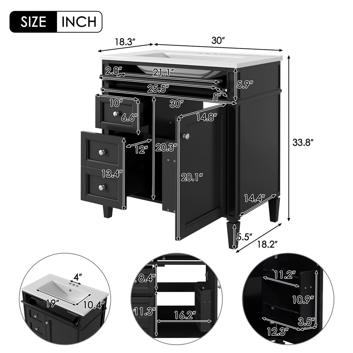 Bathroom Vanity with Ceramic Sink and Multiple Storage Drawers - White, Blue, Dark Gray, Black, Dark Green