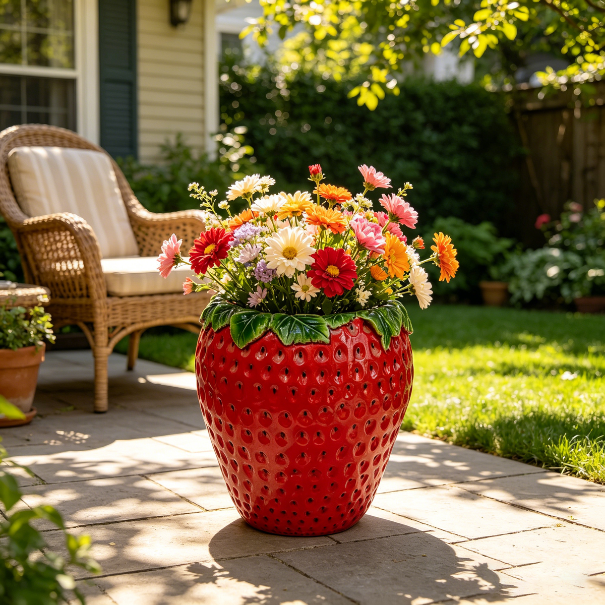 Strawberry Shaped Planter Pot with Weather-Resistant Resin - Red