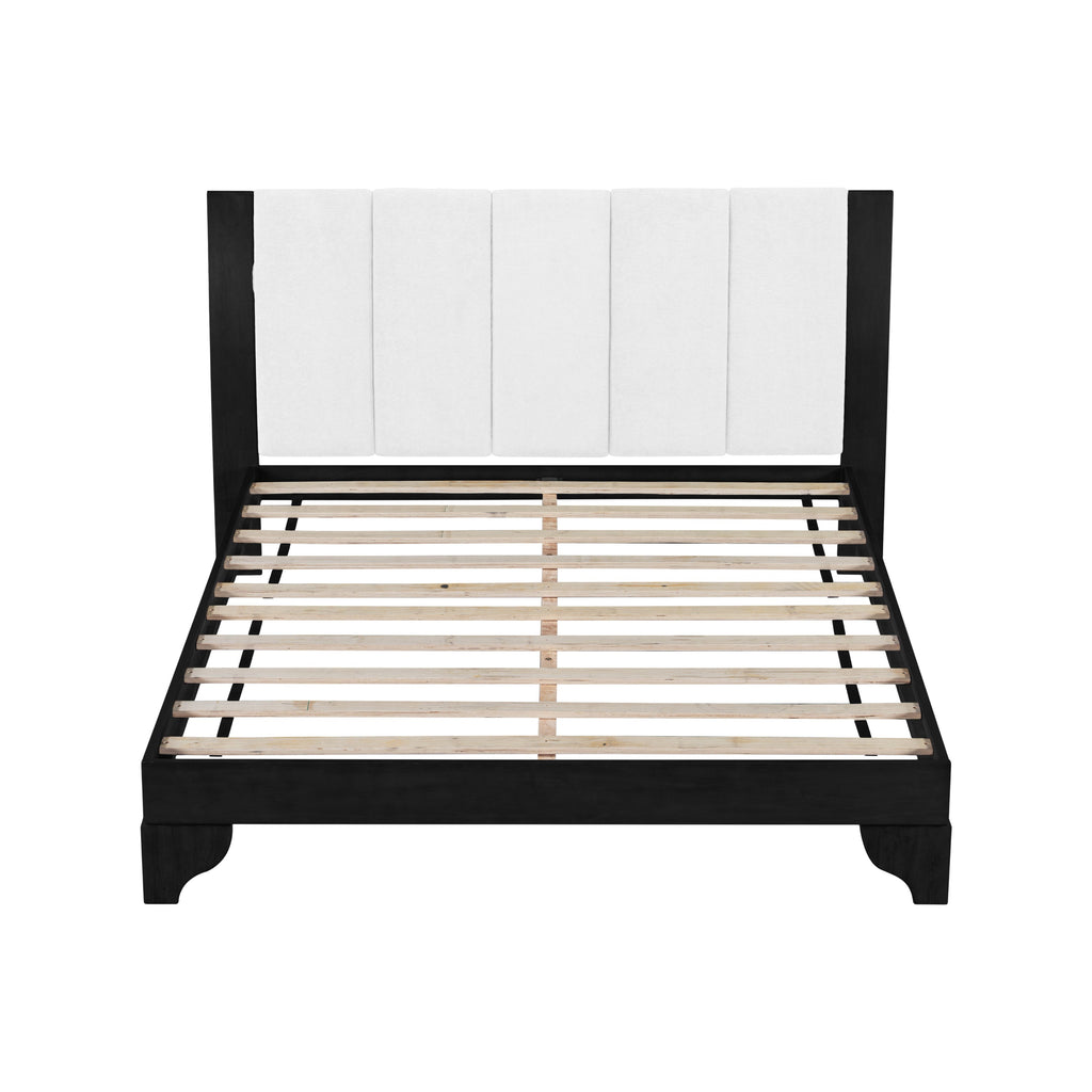 Queen Size Bed Frame with Upholstered Headboard - Black & White Pine