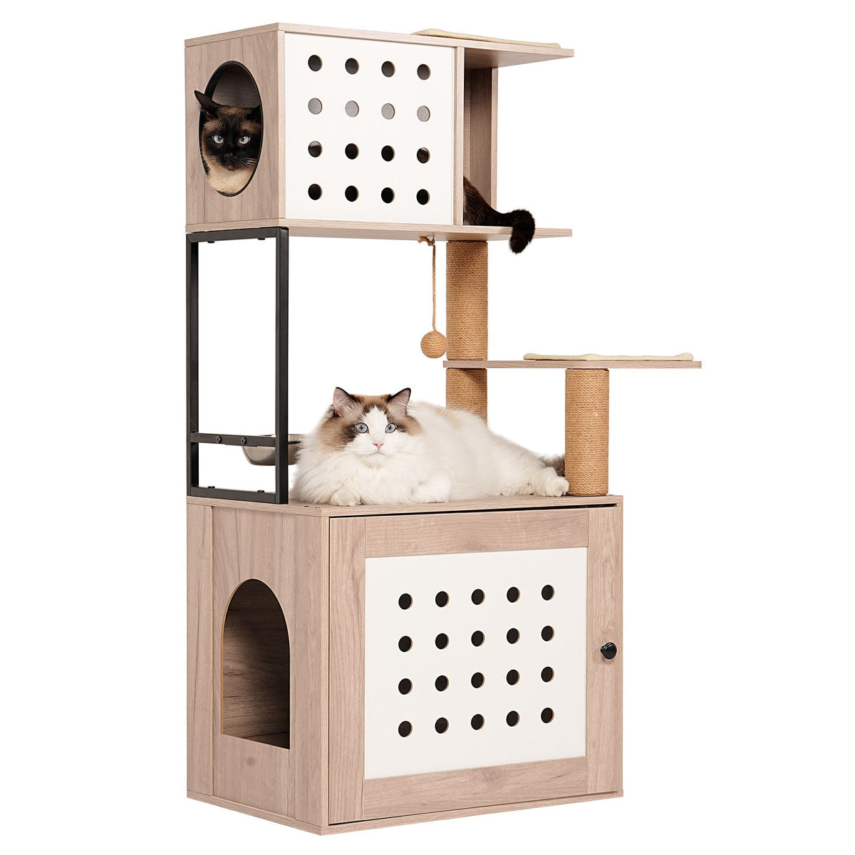 Cat Tree with Litter Box Enclosure and Large Hammock - Gray & White