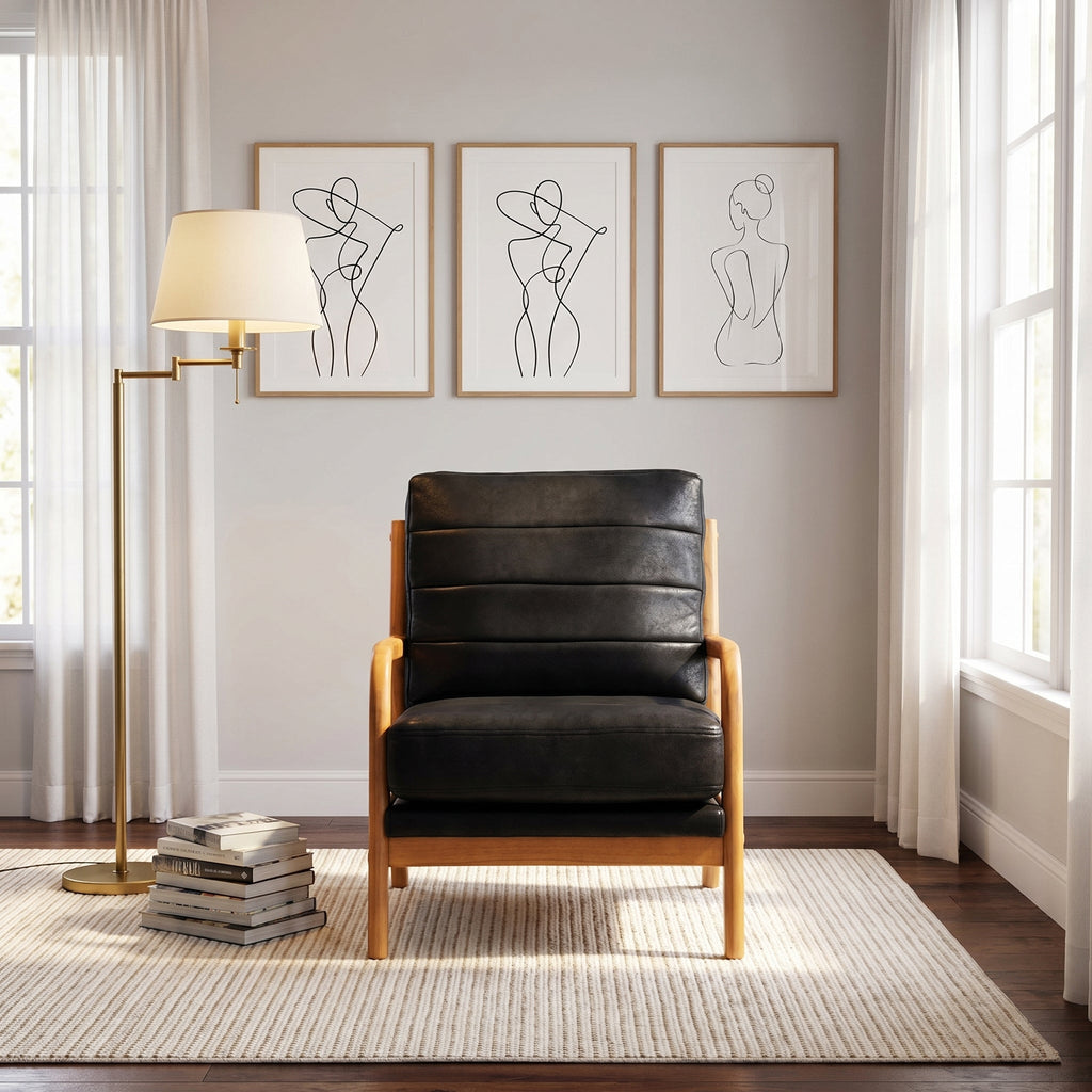 Foil Fabric Wood Armchair with Solid Wood Frame - Neutral