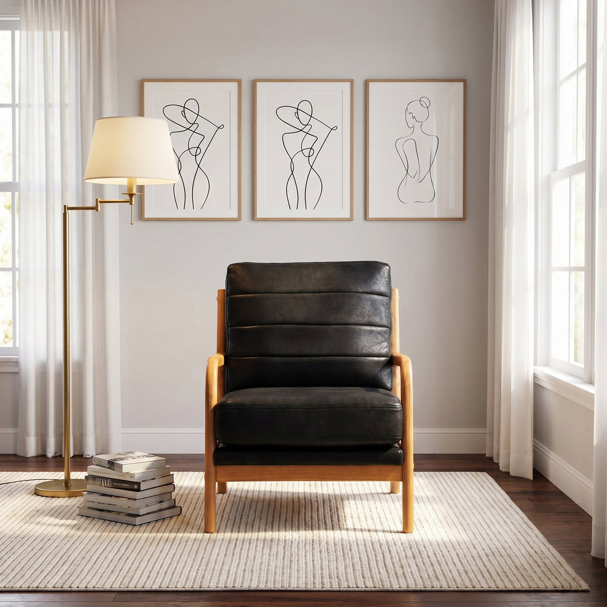 Foil Fabric Wood Armchair with Solid Wood Frame - Neutral
