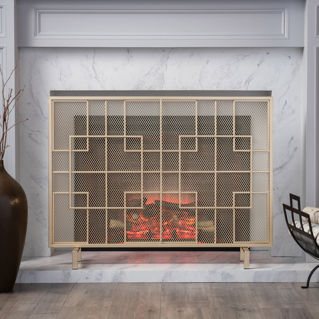 Modern Single Panel Iron Fire Screen with Fine Mesh - Black
