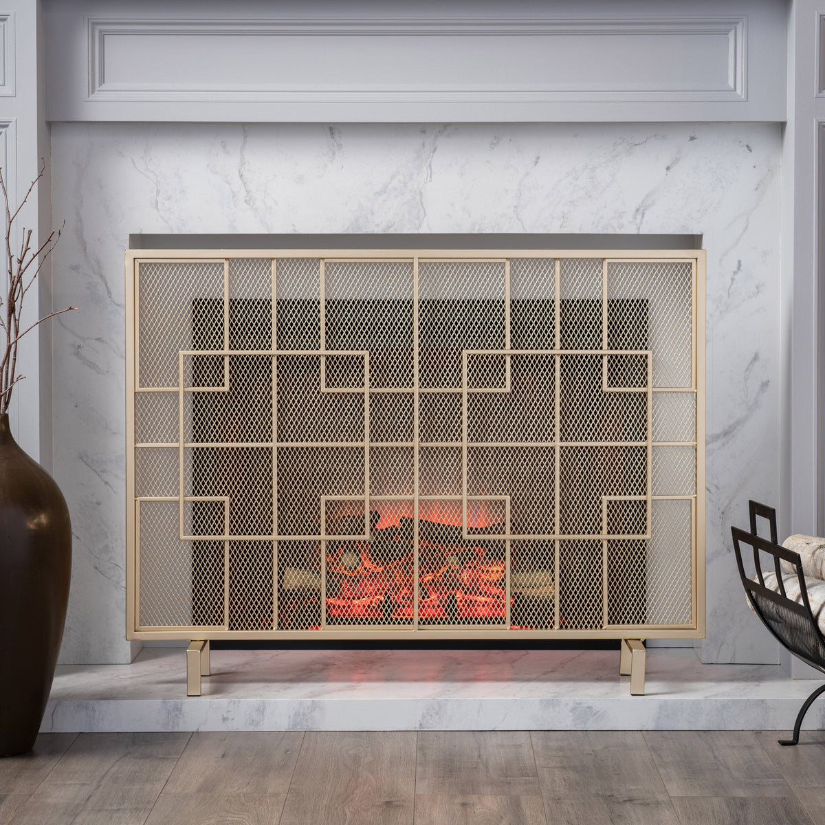 Modern Single Panel Iron Fire Screen with Fine Mesh - Black
