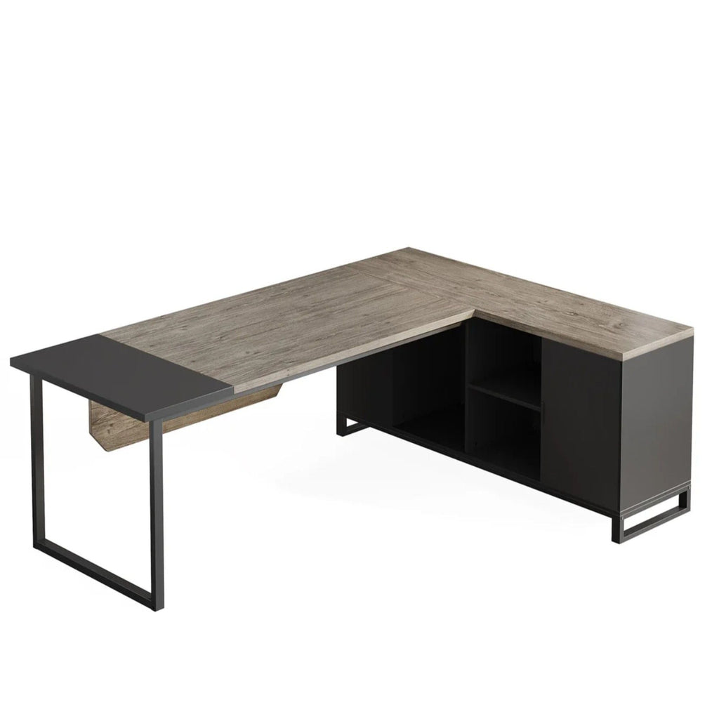 L-Shaped Executive Desk with File Cabinet and Storage - Light Brown or Dark Gray