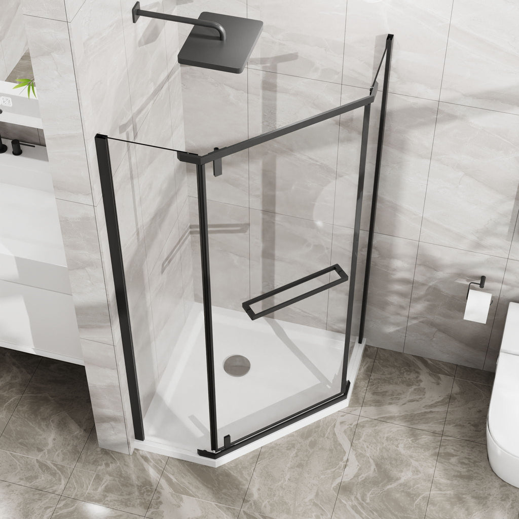 Neo Angle Frameless Shower Door with White Acrylic Shower Base - Matte Black