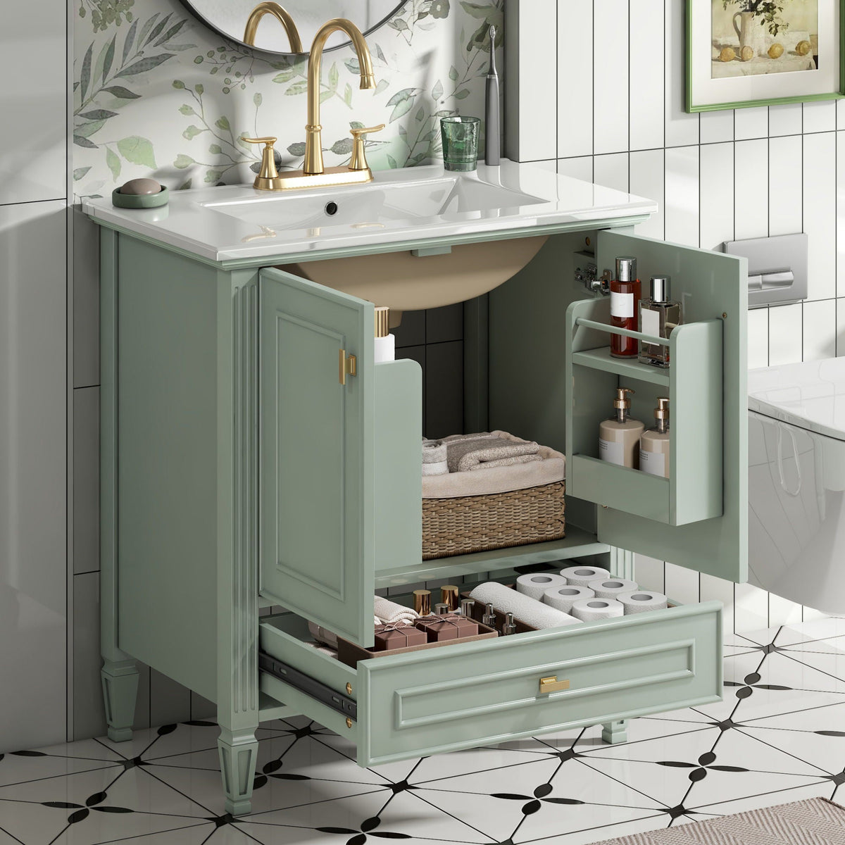 Freestanding Vanity with Drawer & Soft Close Doors - Green or White