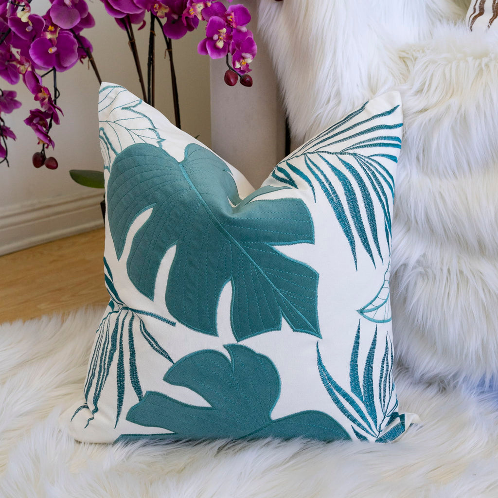 Autumn Vibes Leaf Accent Pillow with Soft Texture - Green, Dark Gray, Light Blue, Yellow, Orange