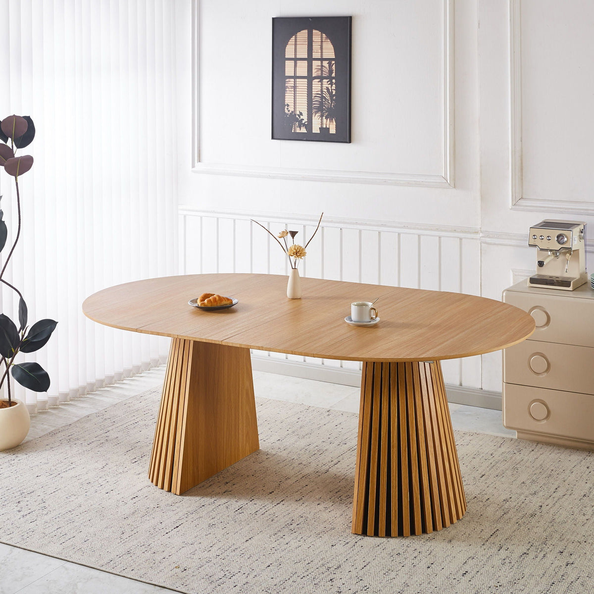 Extendable Pedestal Multifunctional Dining Table with Mid-Century Design - Oak