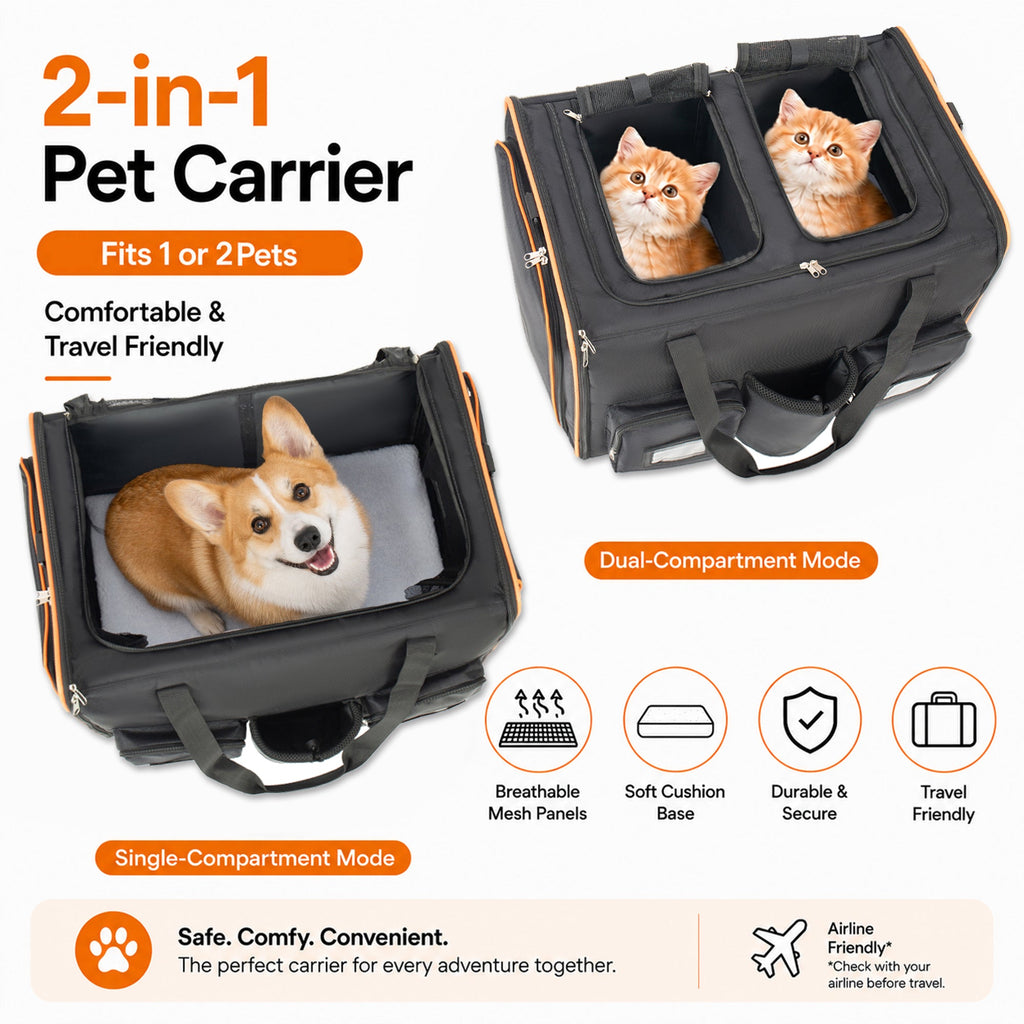 2 in 1 Large Cat Carrier with Rolling Wheels and Expandable Design - Black