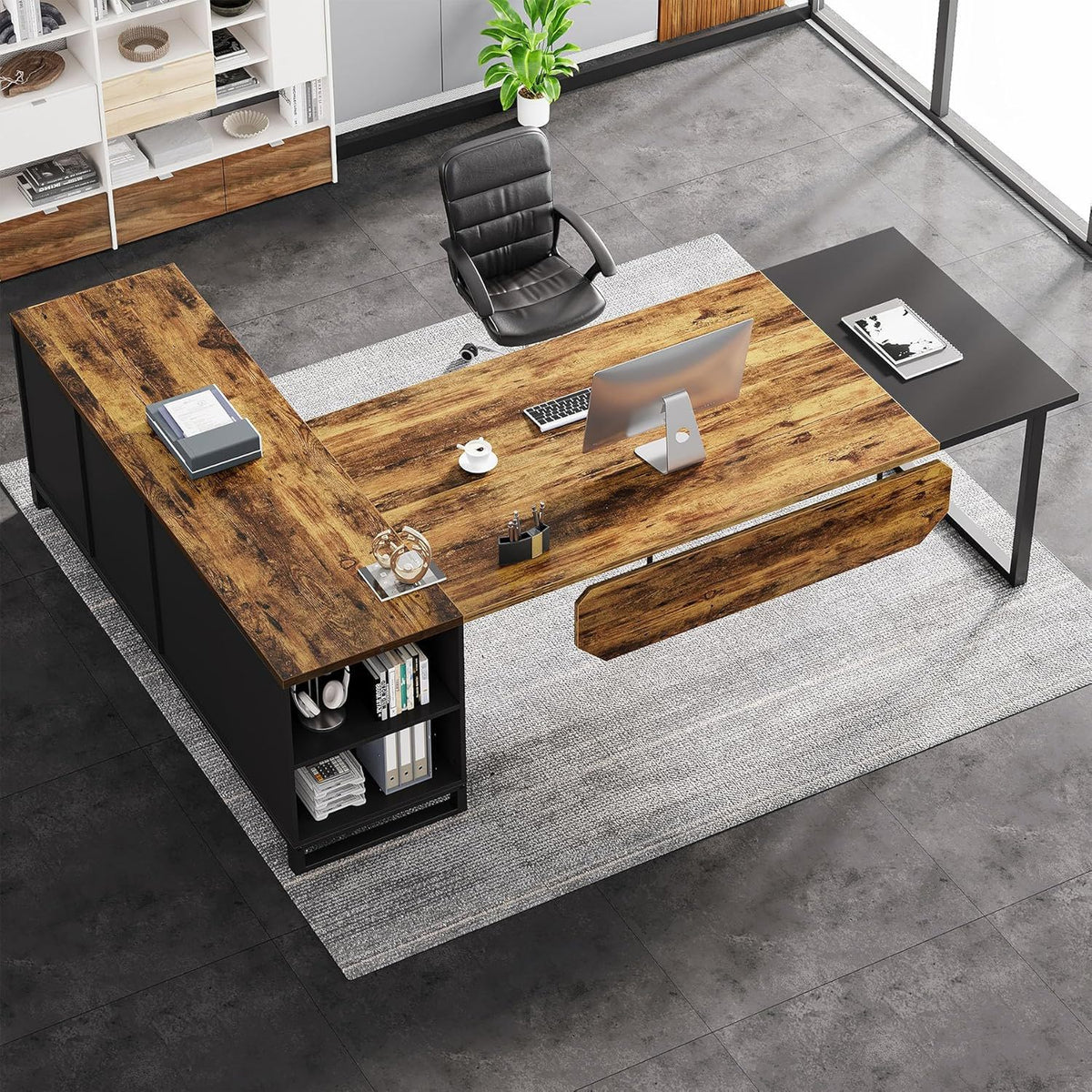 L-Shaped Executive Desk with File Cabinet and Storage - Light Brown or Dark Gray