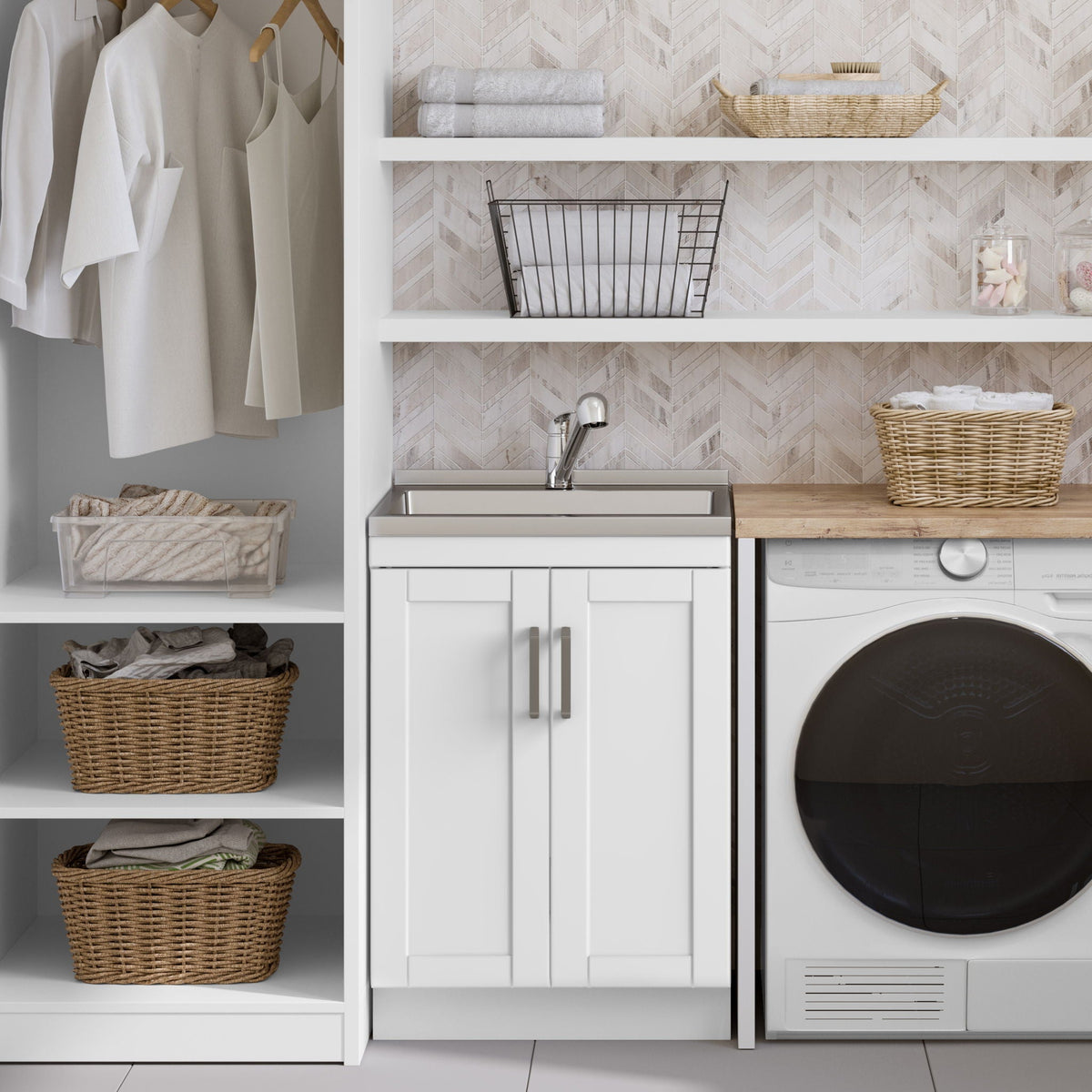White Laundry Cabinet with Stainless Steel Sink and Pull-Out Faucet