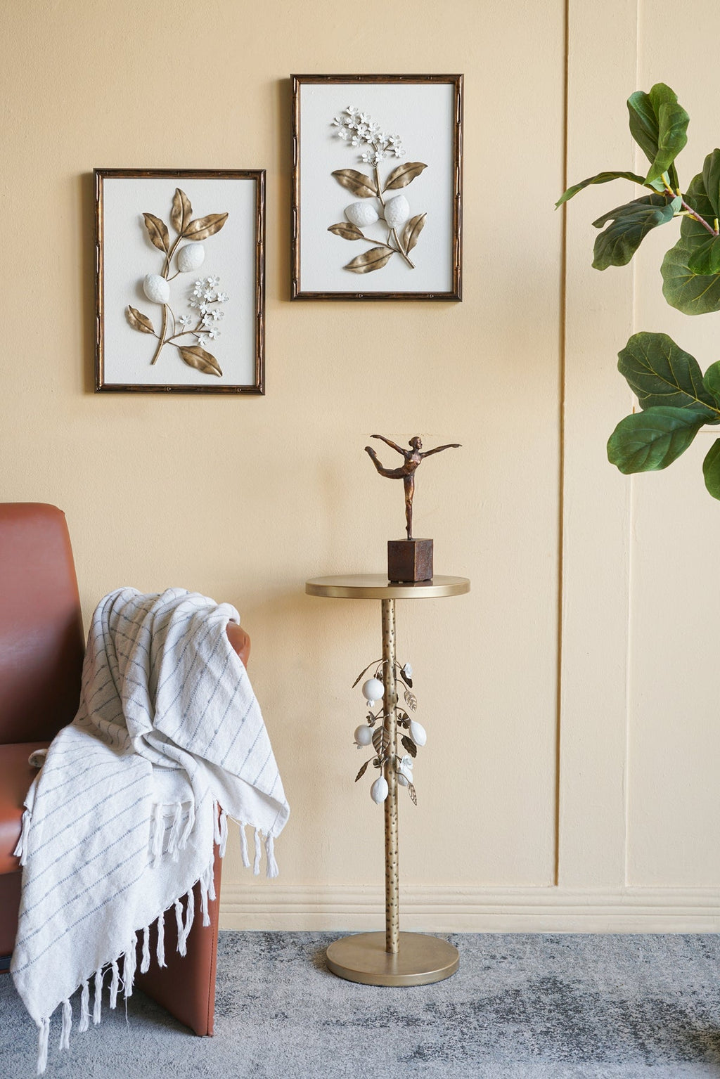 Round Iron Side Table with Botanical Details