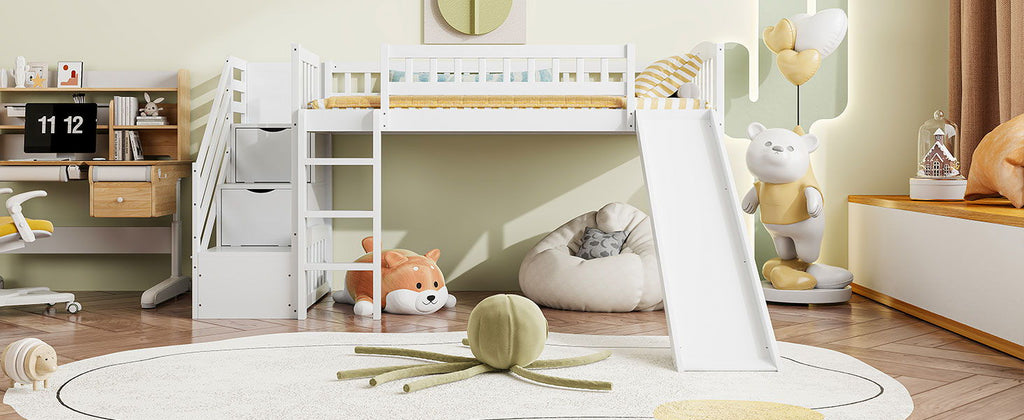 Loft Stairway Bed with Drawers and Convertible Ladder - Twin