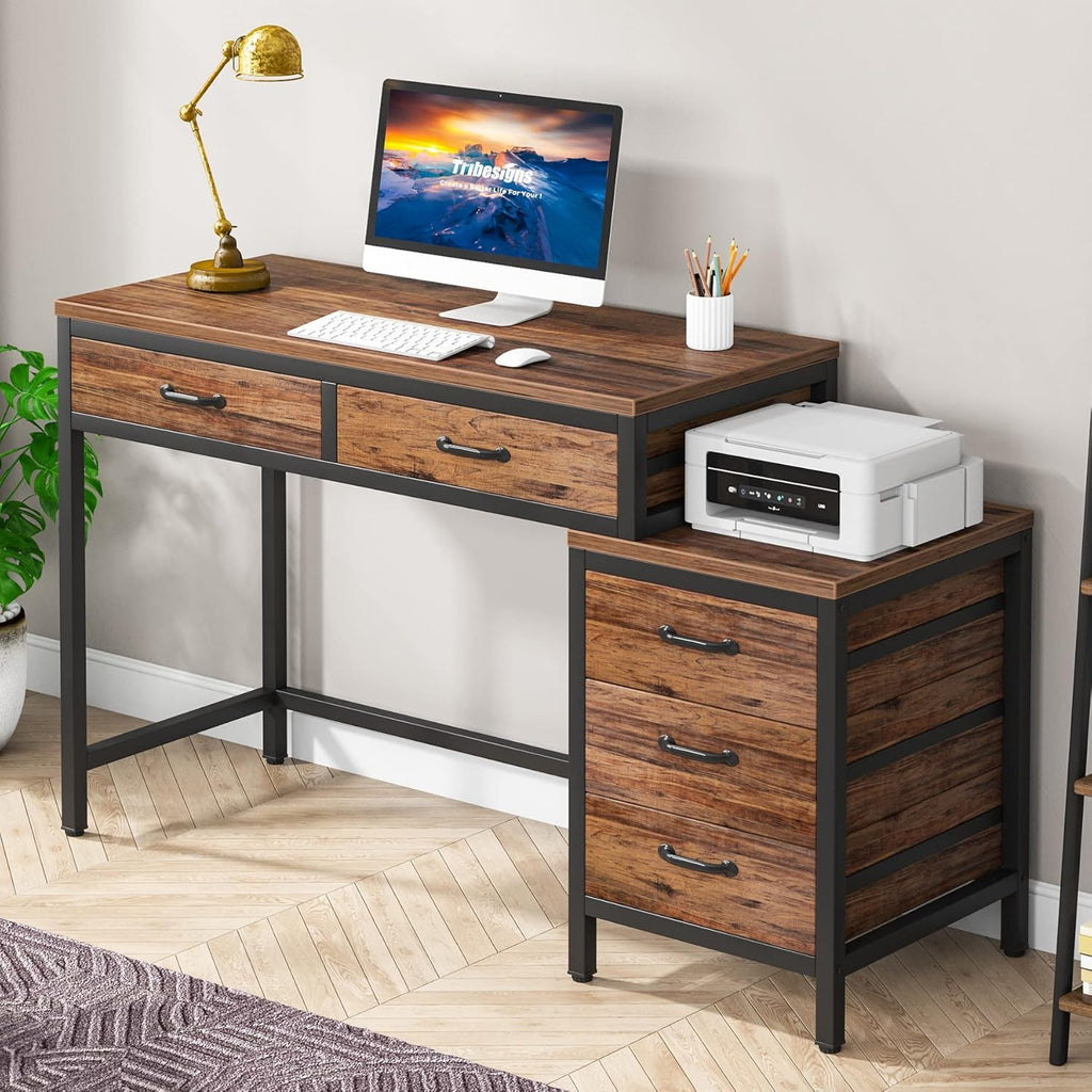 Computer Desk with Reversible 5 Drawer Storage - White or Light Brown