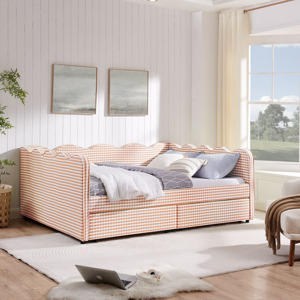 Gingham Daybed with USB Charging Port and Wave-Shaped Design - Multiple Colors