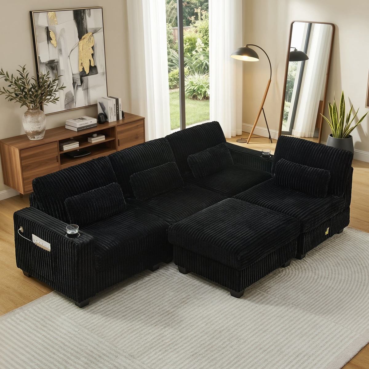 L-Shaped Corduroy Modular Sectional Sofa with Detachable Footrest - Black