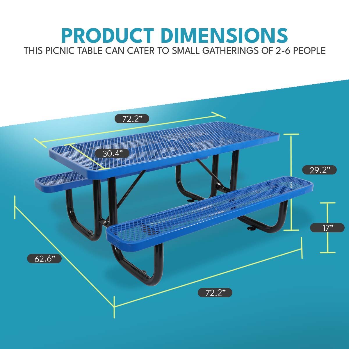 Outdoor Steel Picnic Rectangular Table with Umbrella Pole - Black, Blue, or Dark Green