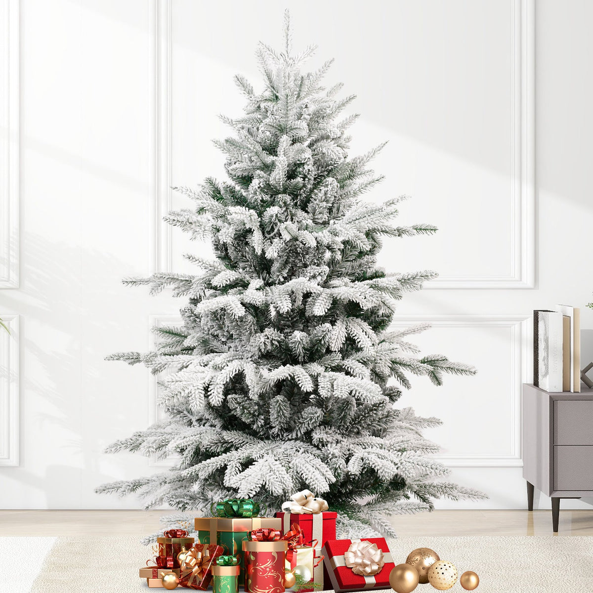 8FT Flocked Artificial Christmas Tree with LED Lights - PE+PVC
