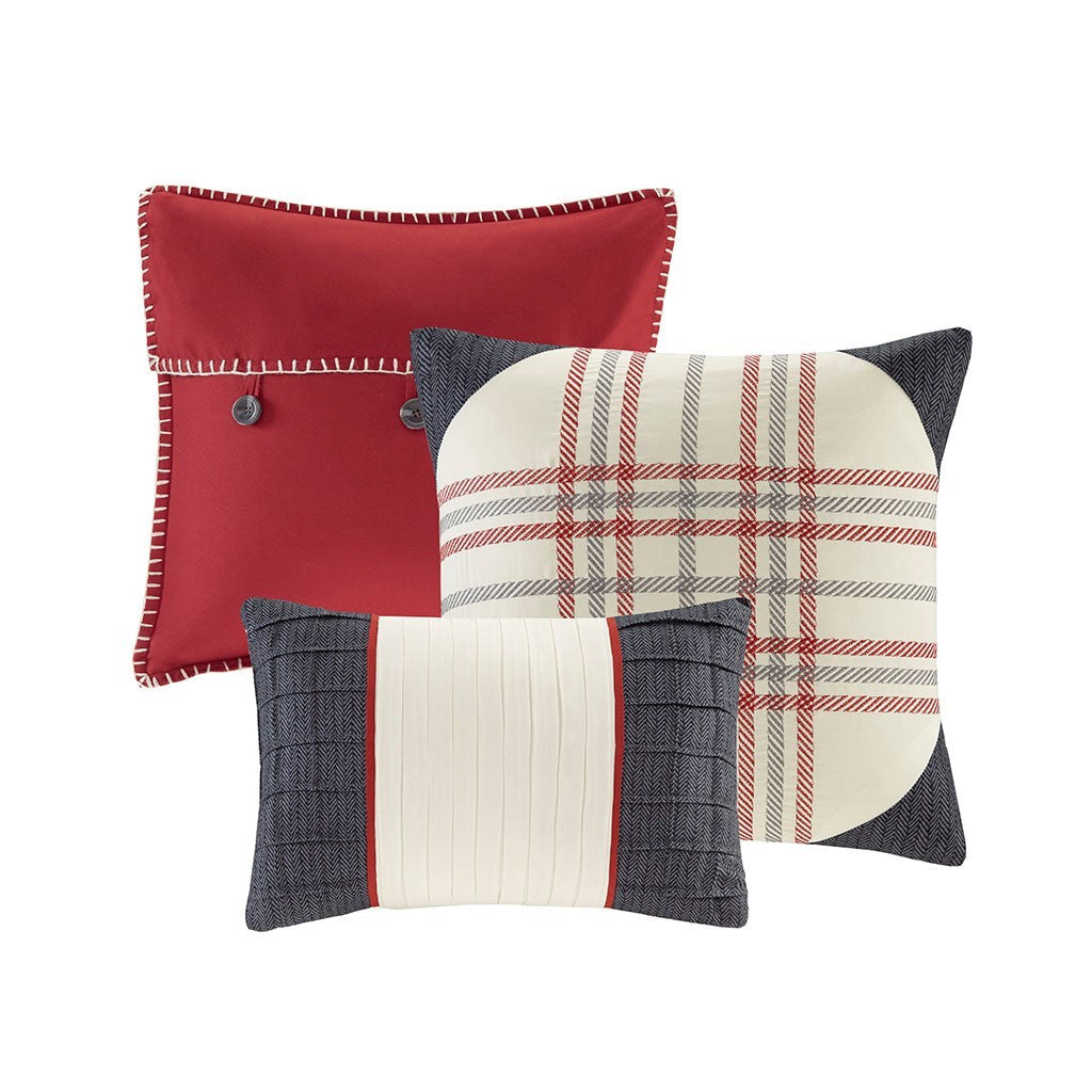 Red Herringbone King Comforter Set with Buffalo Plaid Pattern - 7 Piece
