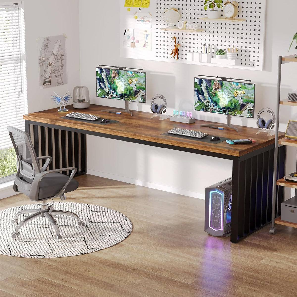 Double Computer Desk for 2 Person with Extra Long Workstation - Dark Gray or Light Brown