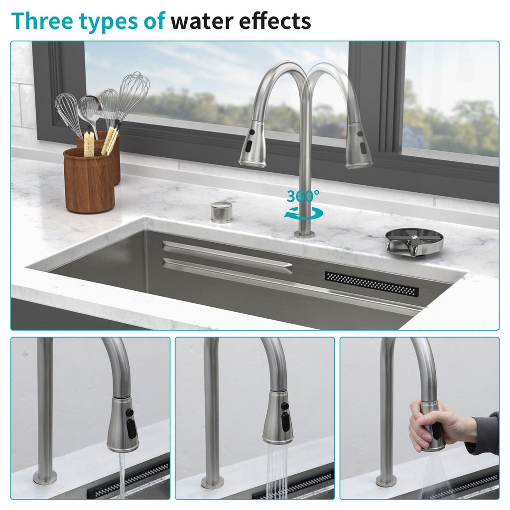Undermount Stainless Steel Kitchen Sink with Pull Down Faucet & Ledge Workstation - Gray or Black