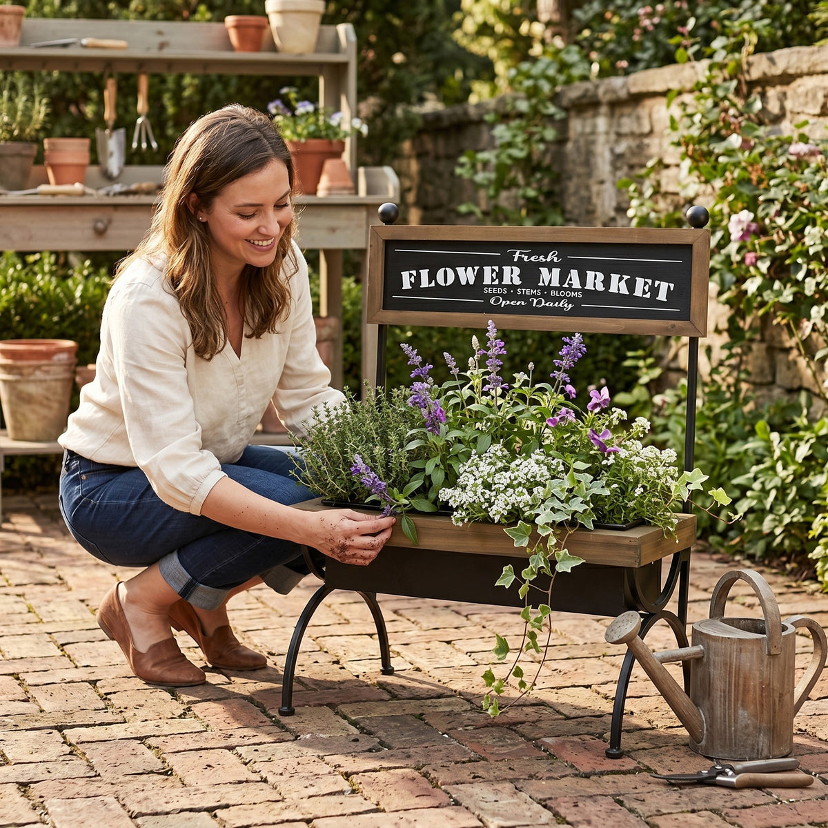 Rustic Planter Garden Pot with Metal & Wood Frame - Black Brown