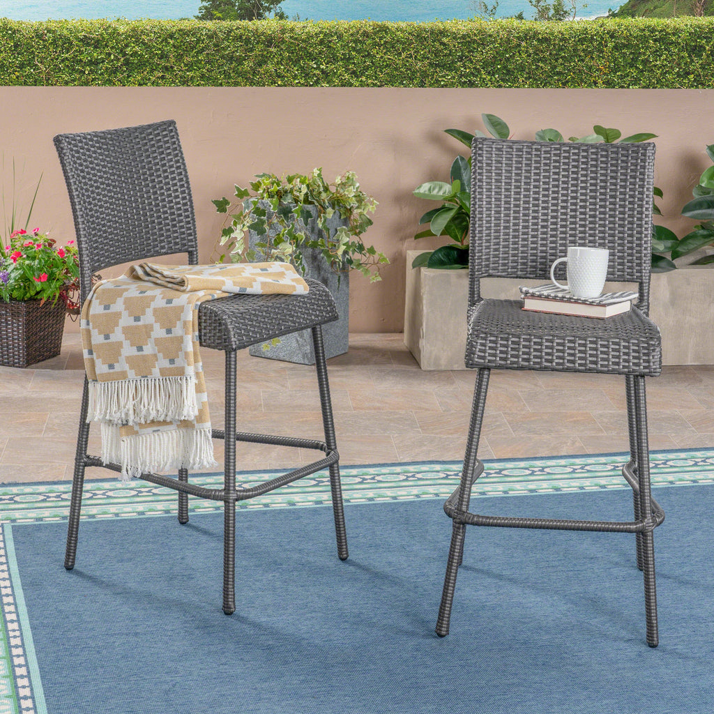 29" Outdoors PE Rattan Armless Barstools with Woven Finish - Grey