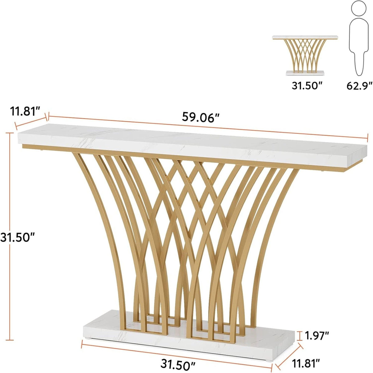White & Gold Console Table with Grid Base - Faux Marble Top