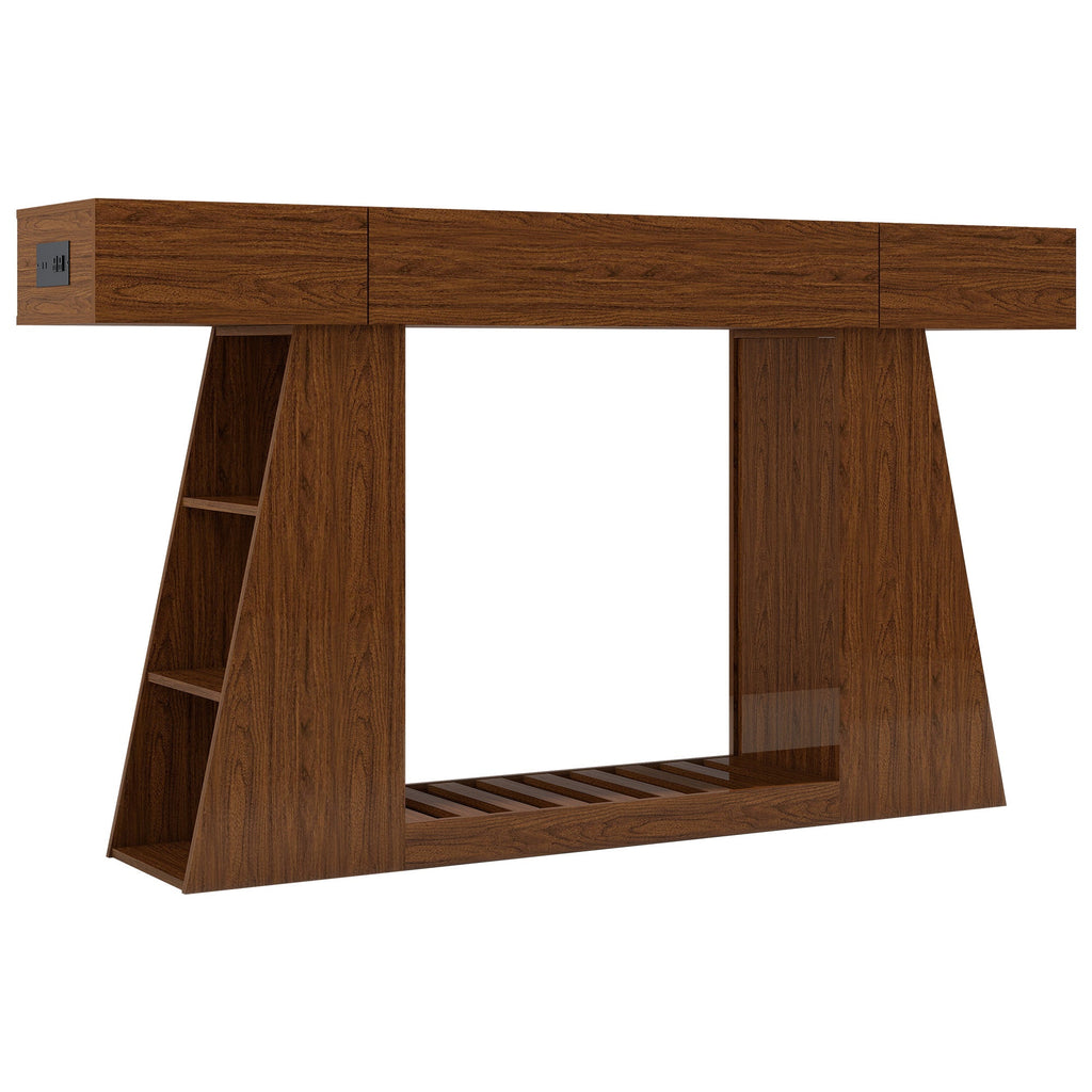 60 Inch Narrow Console Table with Built-in Power Outlet - Natural Wood Brown