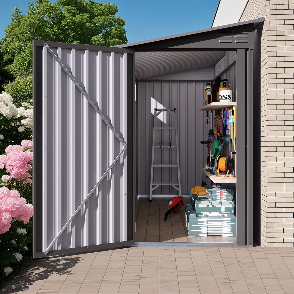 Lean-To Storage Shed with Windows and Sloping Roof - Gray
