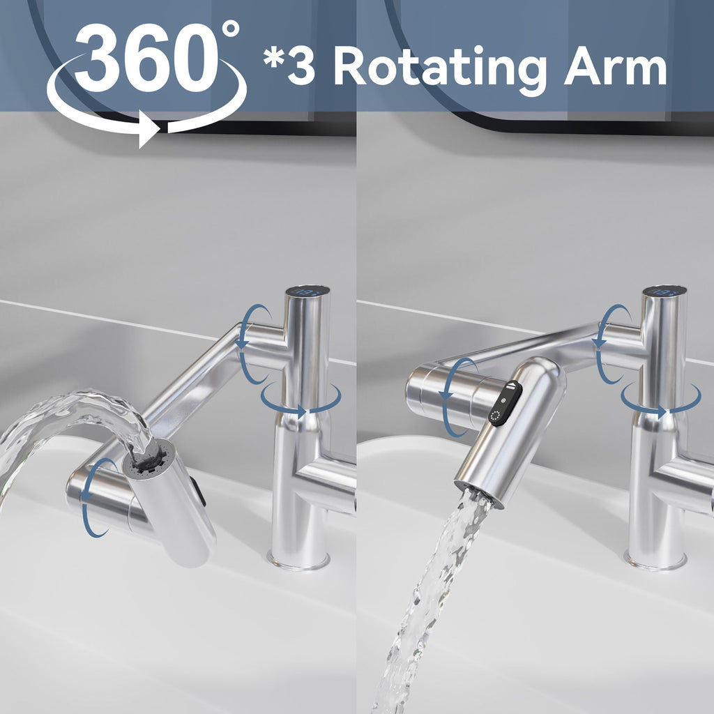 Bathroom Sink Faucet with Spray Function and Temperature Display - Black or Pearl Silver