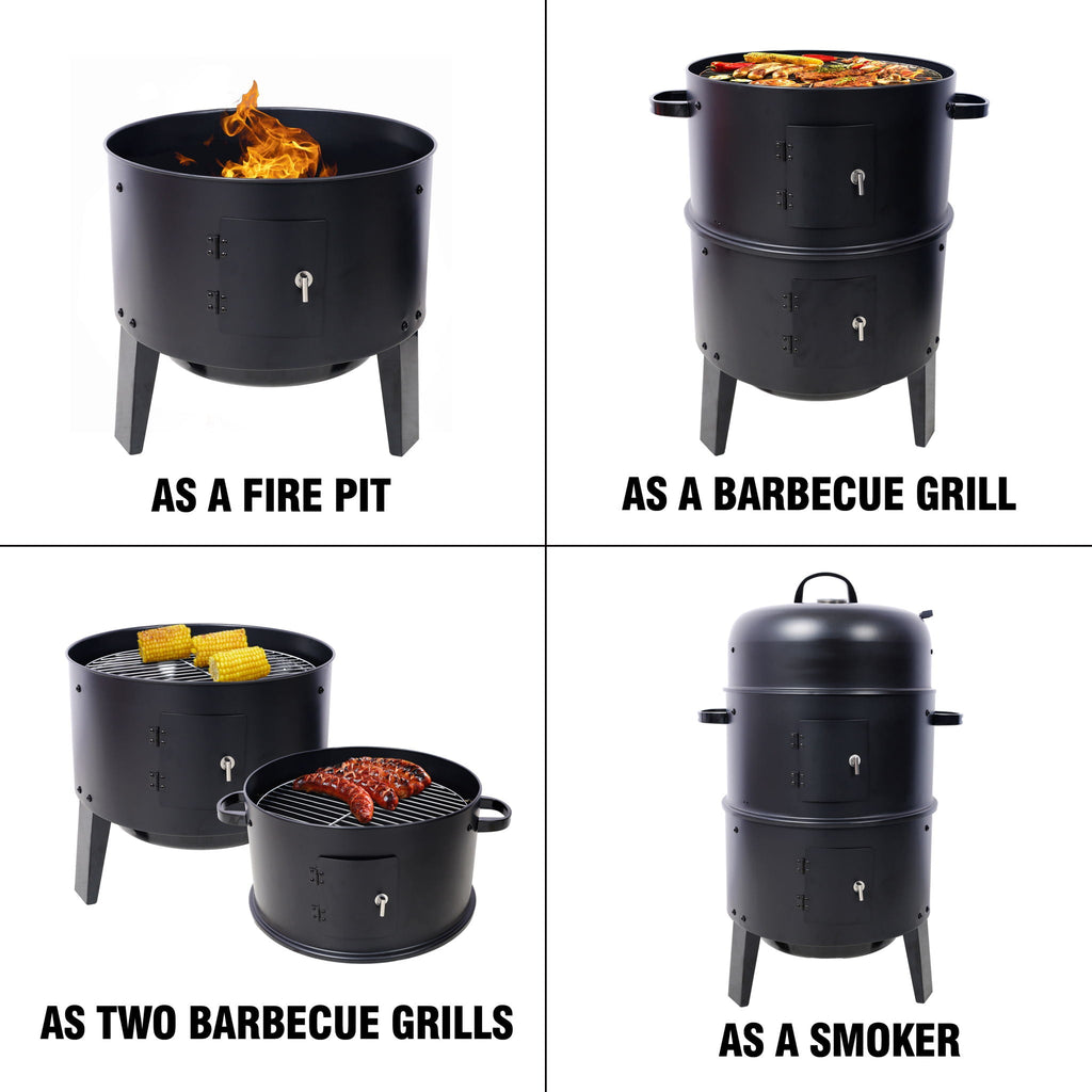 Portable Charcoal Smoker Grill with 3-in-1 Cooking Functionality - Black