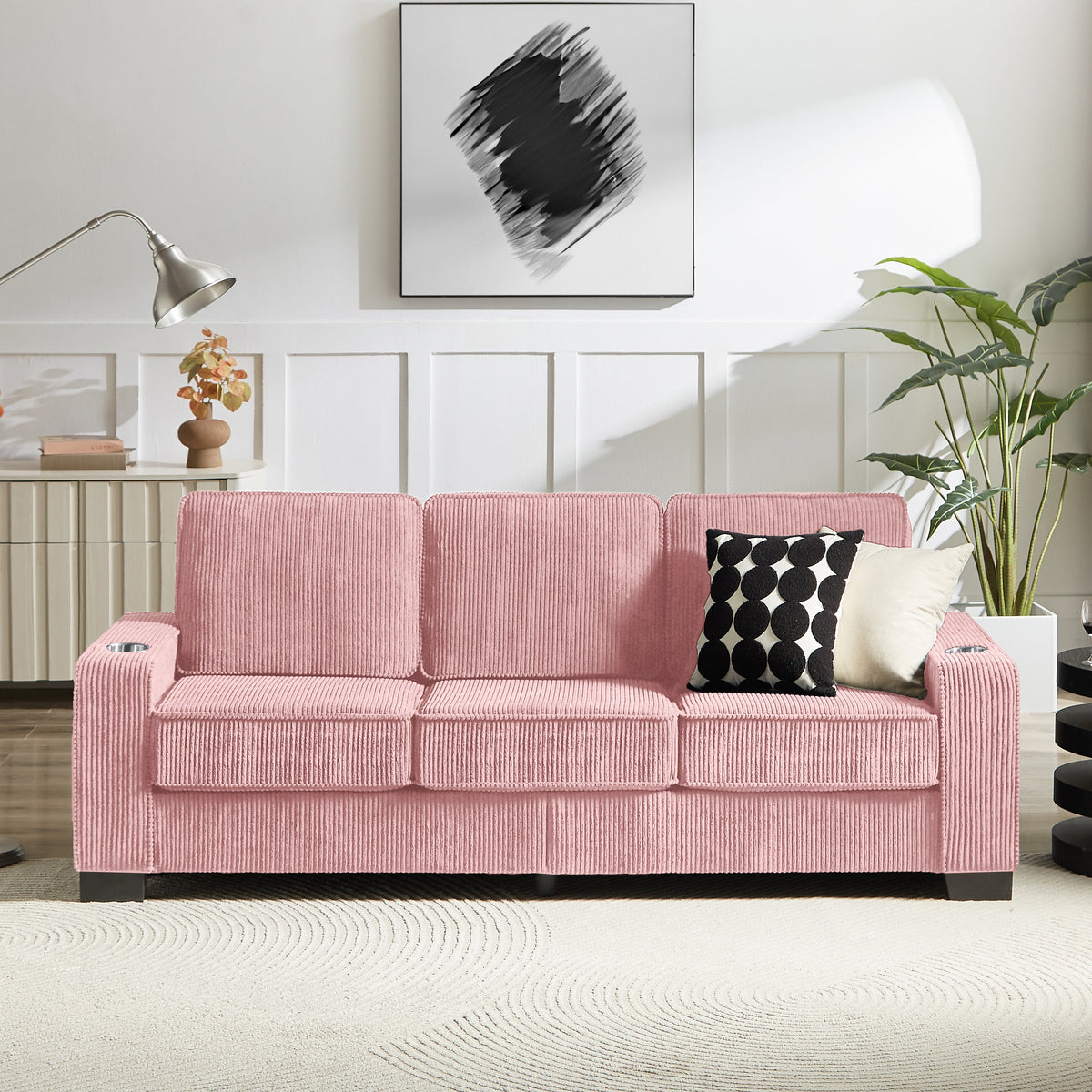 Modern Corduroy 3-Seater Sofa with Cup Holders - Black, Gray, Beige, Pink, or Green