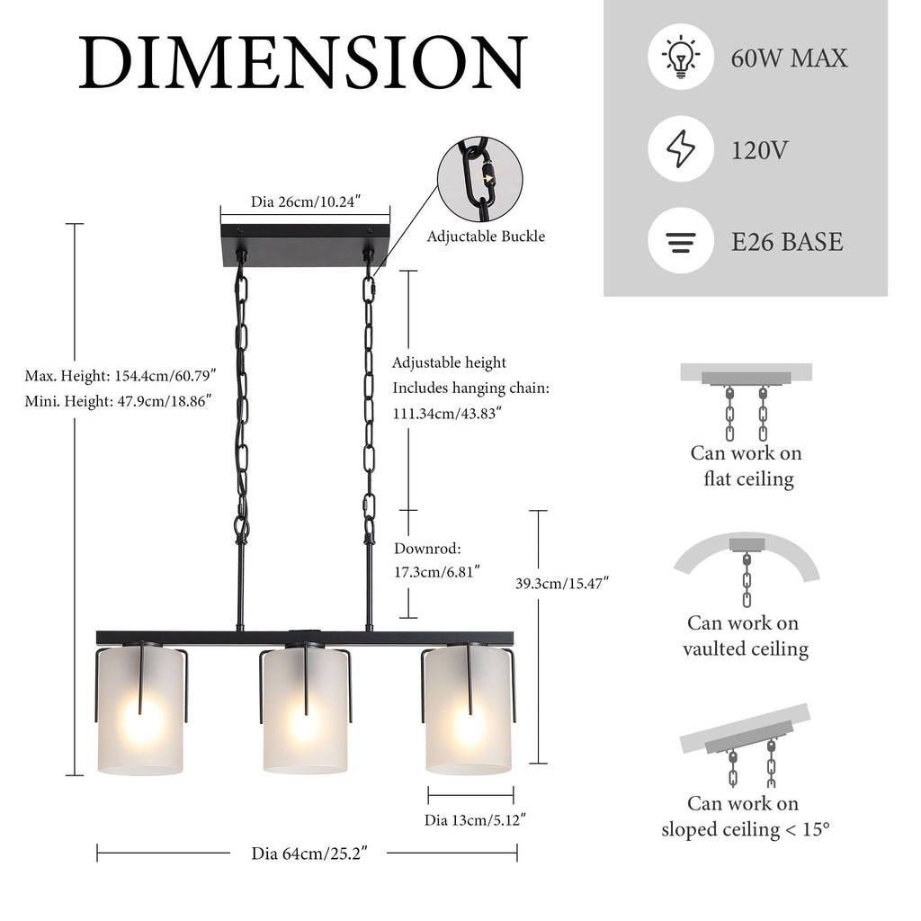 Adjustable Cylindrical Pendant Light with Frosted Glass Shade - Black or Gold