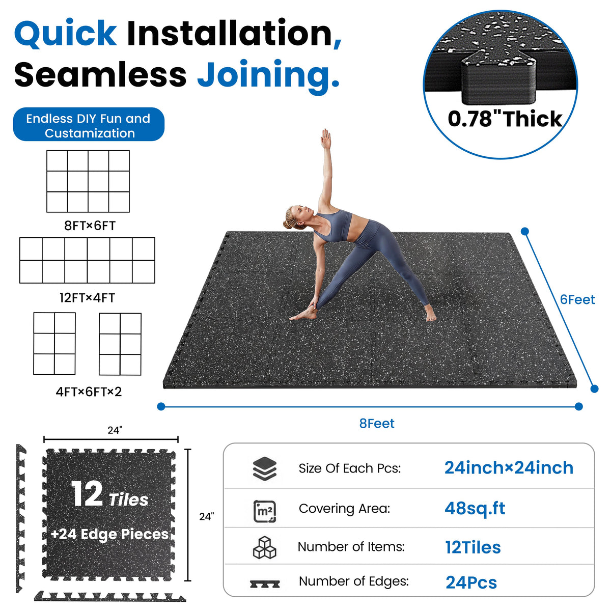 0.79 Inch Thick Gym Floor Mats with Interlocking Design - EVA Foam