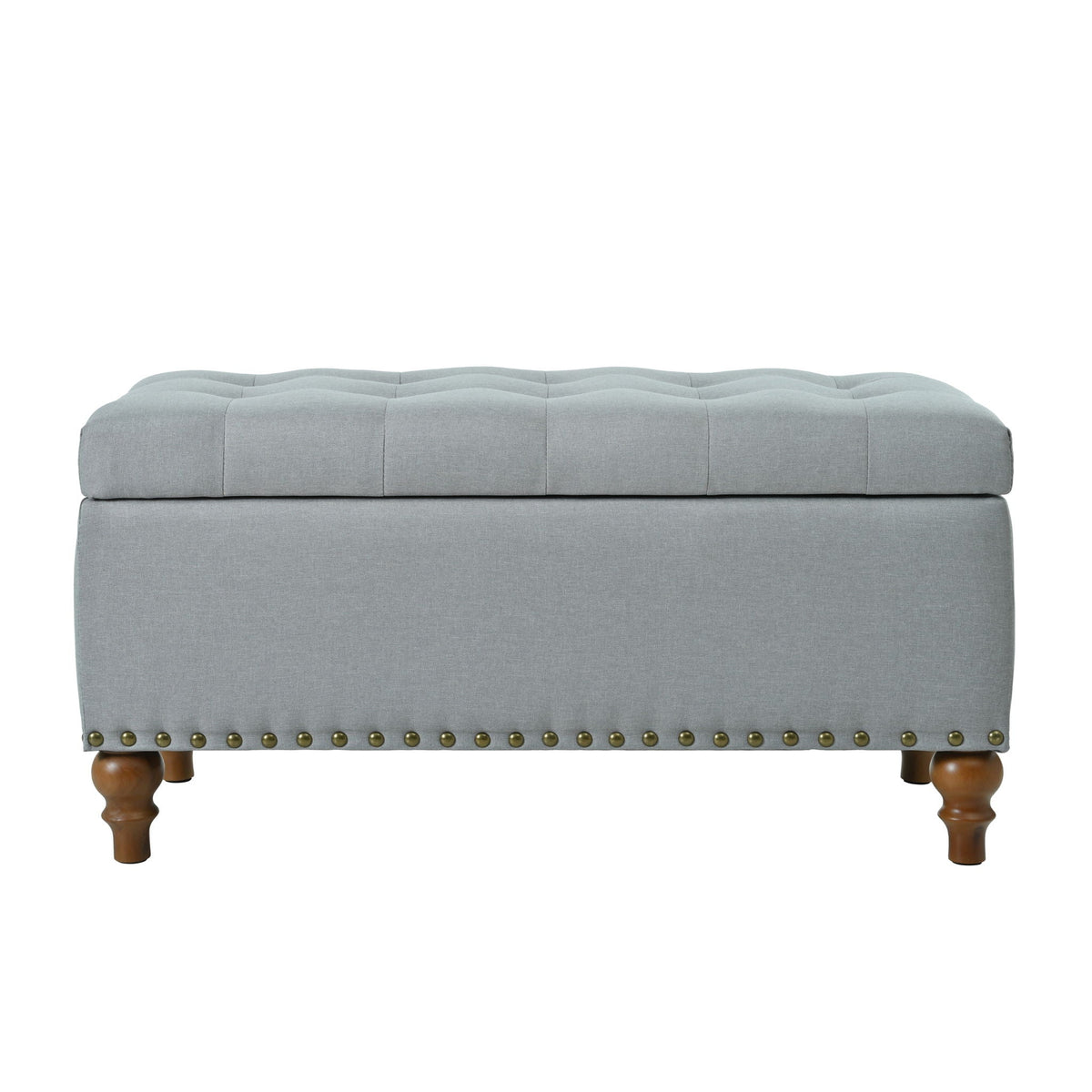 Upholstered Ottoman with Storage and Rivet Trim - Fabric, Beige or Gray