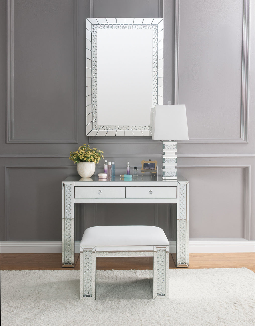 Nysa Rectangular Armless Stool with Mirrored Glass Base - Faux Leather