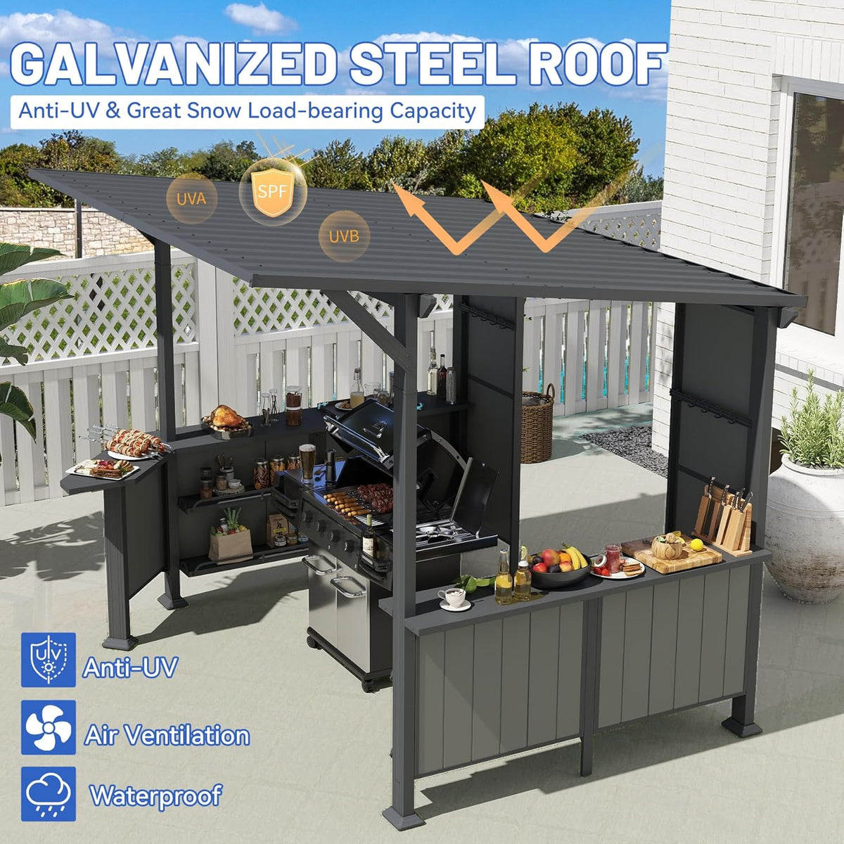 9x10FT Hardtop Grill Gazebo with Storage Shelves - Steel