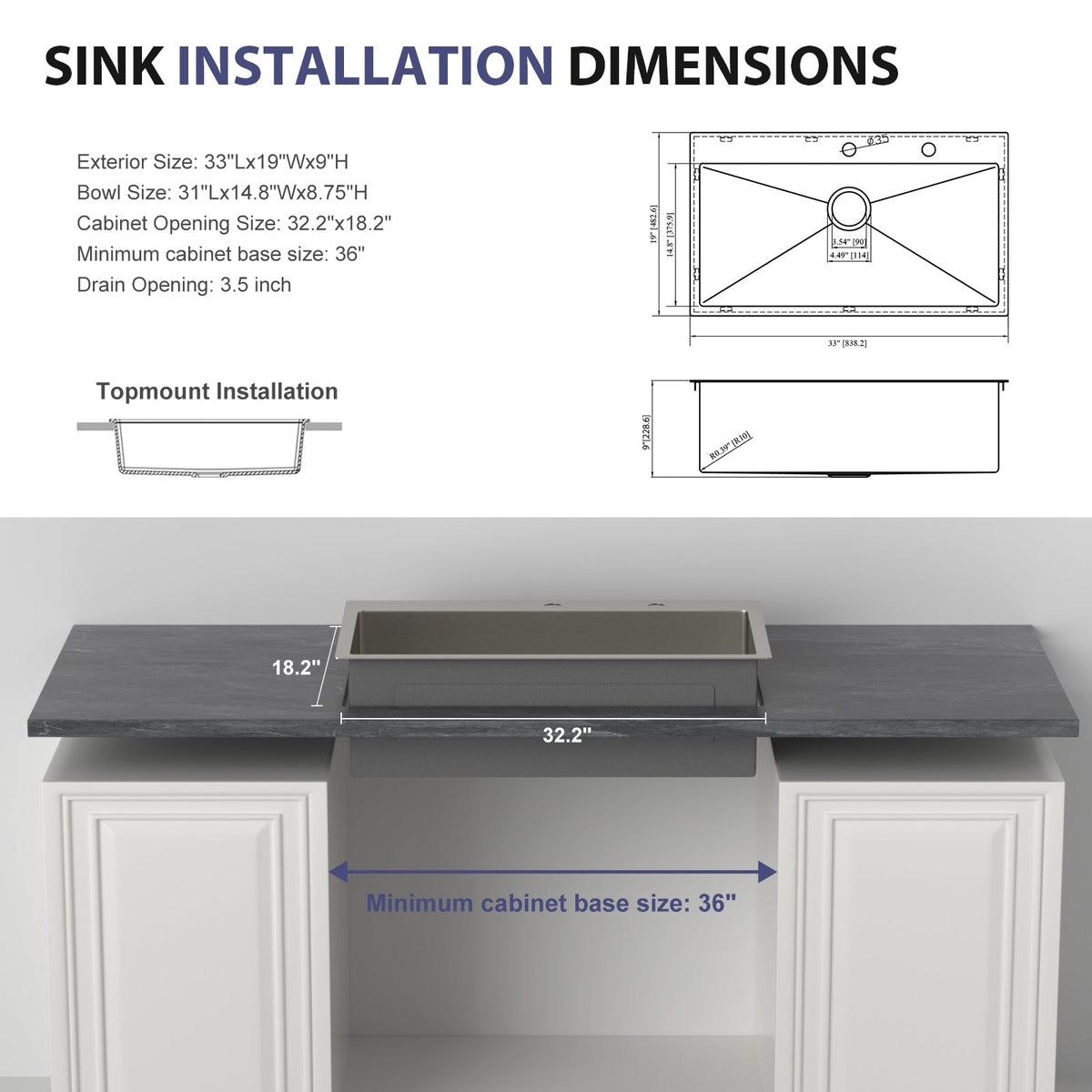 33 Inch Topmount Kitchen Sink with Single Bowl - Stainless Steel