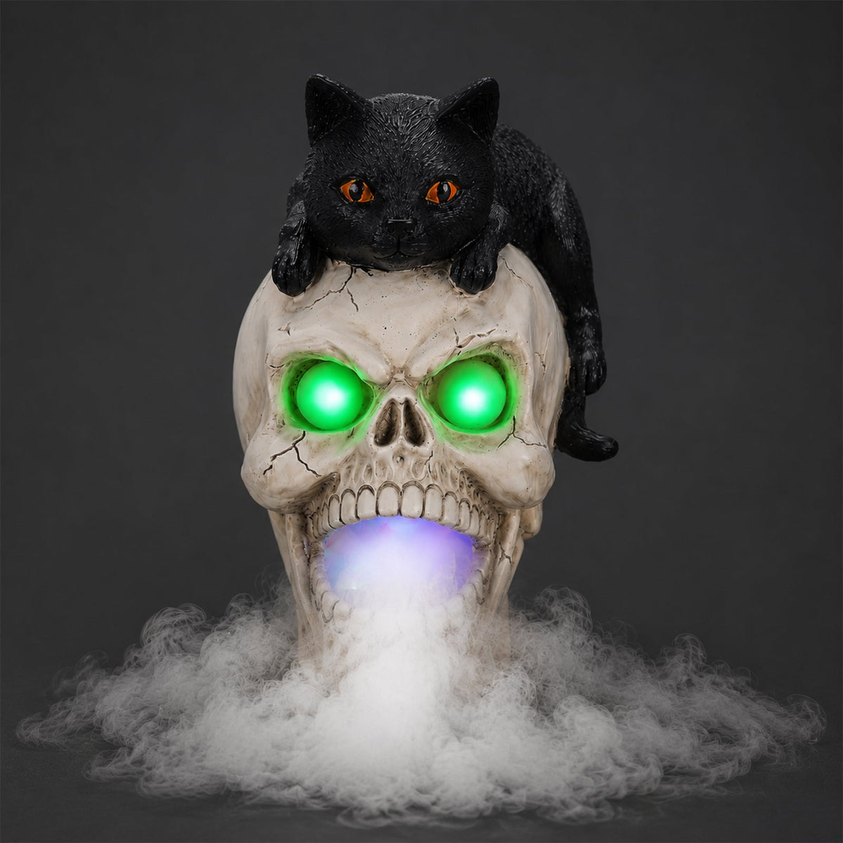 Halloween Cat Skull Statue with Glowing Features - Black White