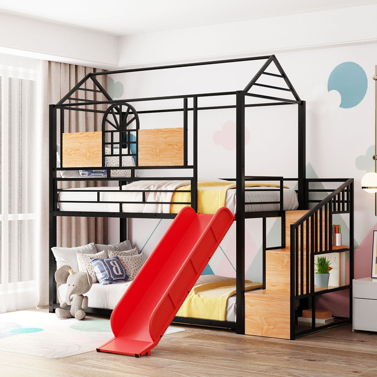 Metal Bunk Bed with Slide and Storage Stairs