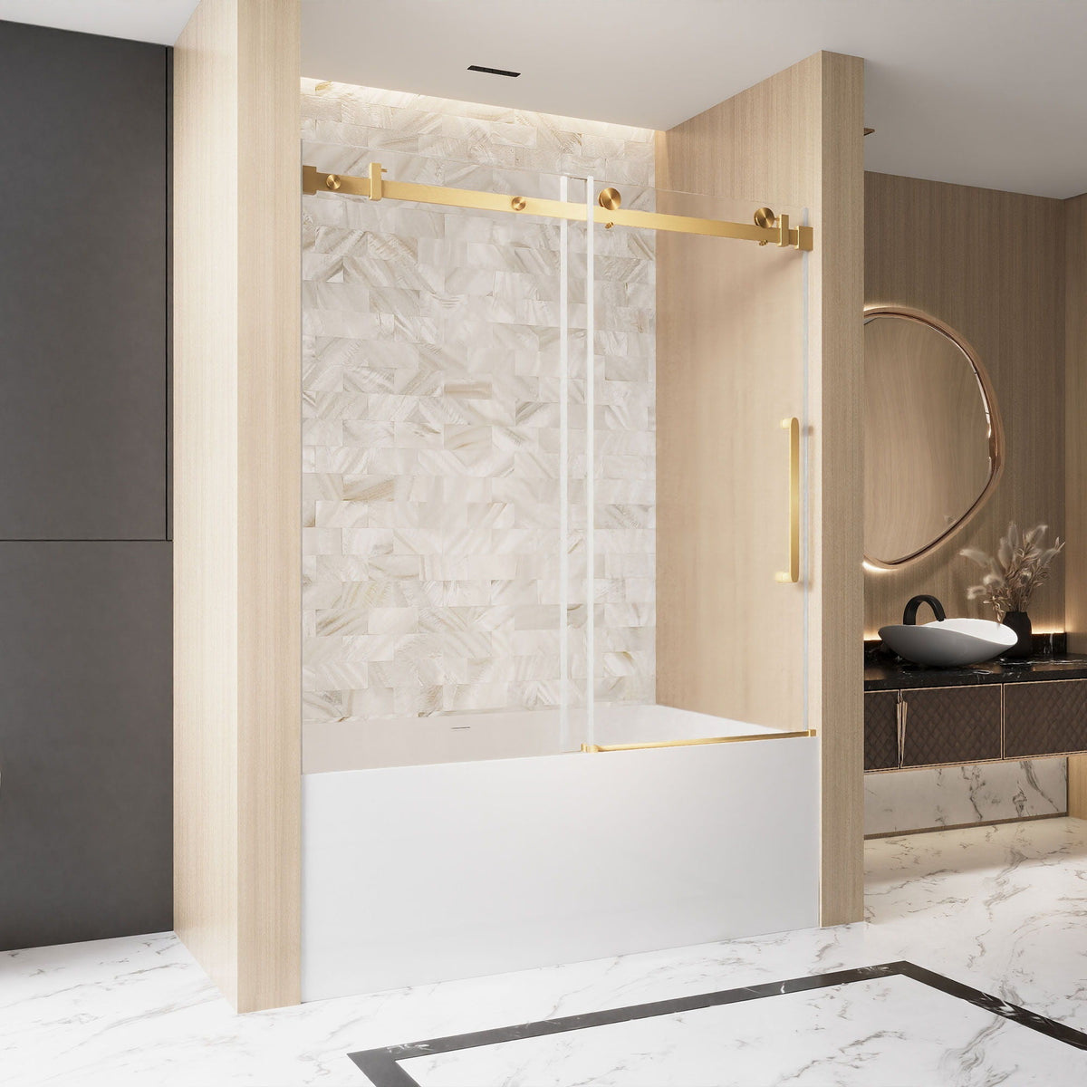 Frameless Single Sliding Shower Door with Handle and Square Tube Track - Gold