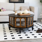 Round Storage Coffee Table with Fluted Glass Doors - Black or Dark Brown