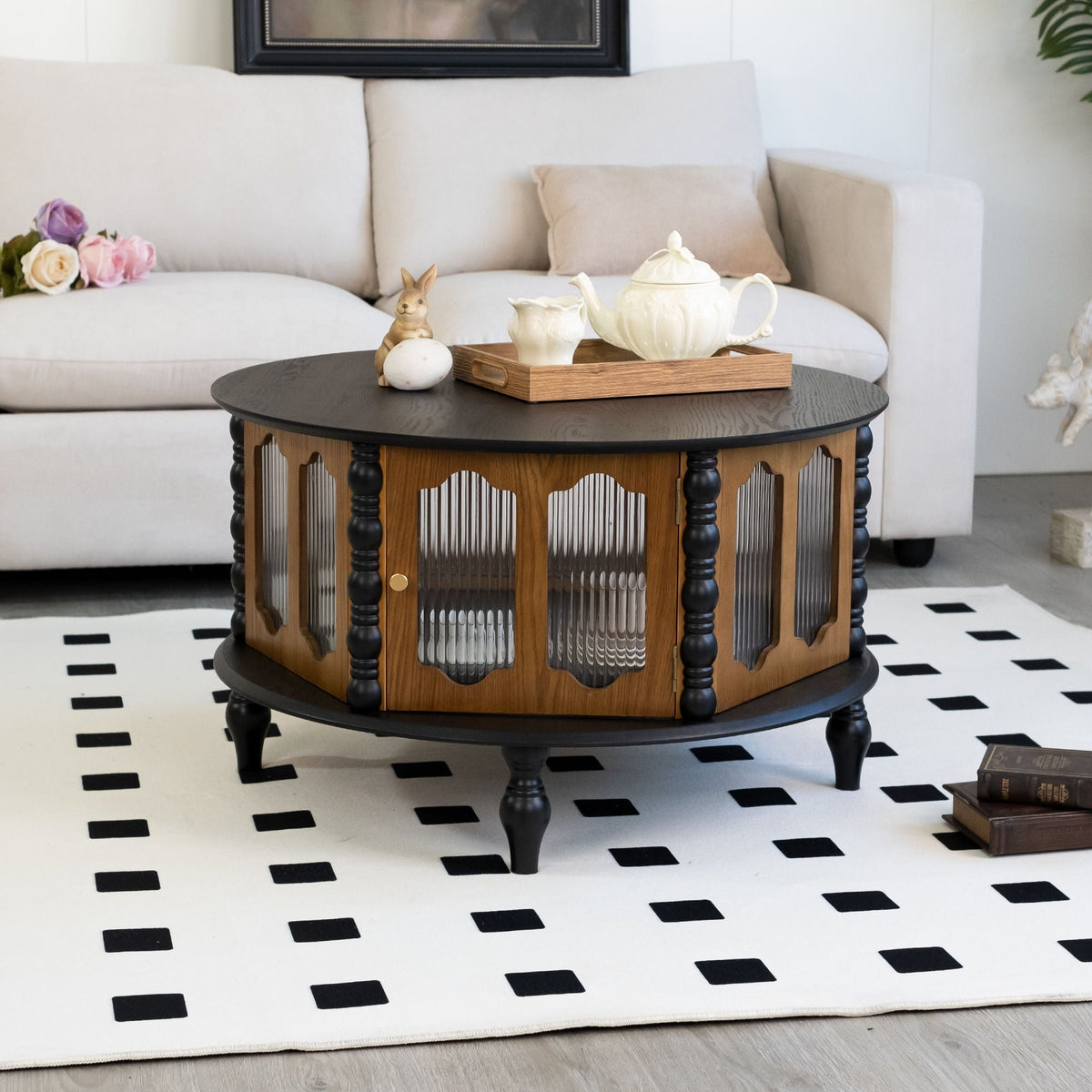 Round Storage Coffee Table with Fluted Glass Doors - Black or Dark Brown