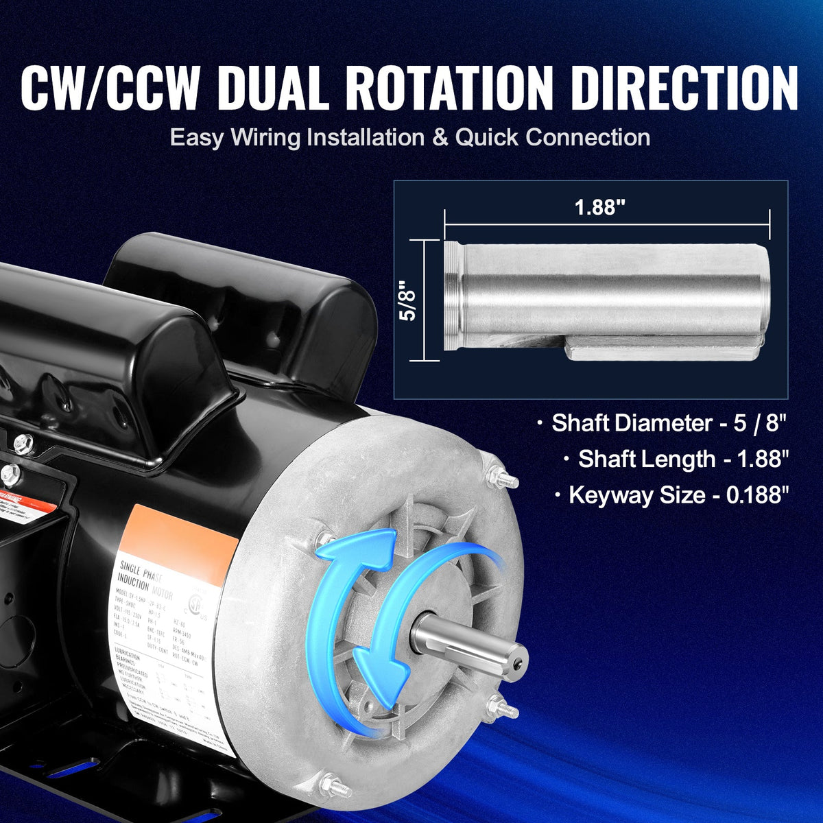 1.5HP Electric Motor with 3450 RPM and Reversible Rotation - Black