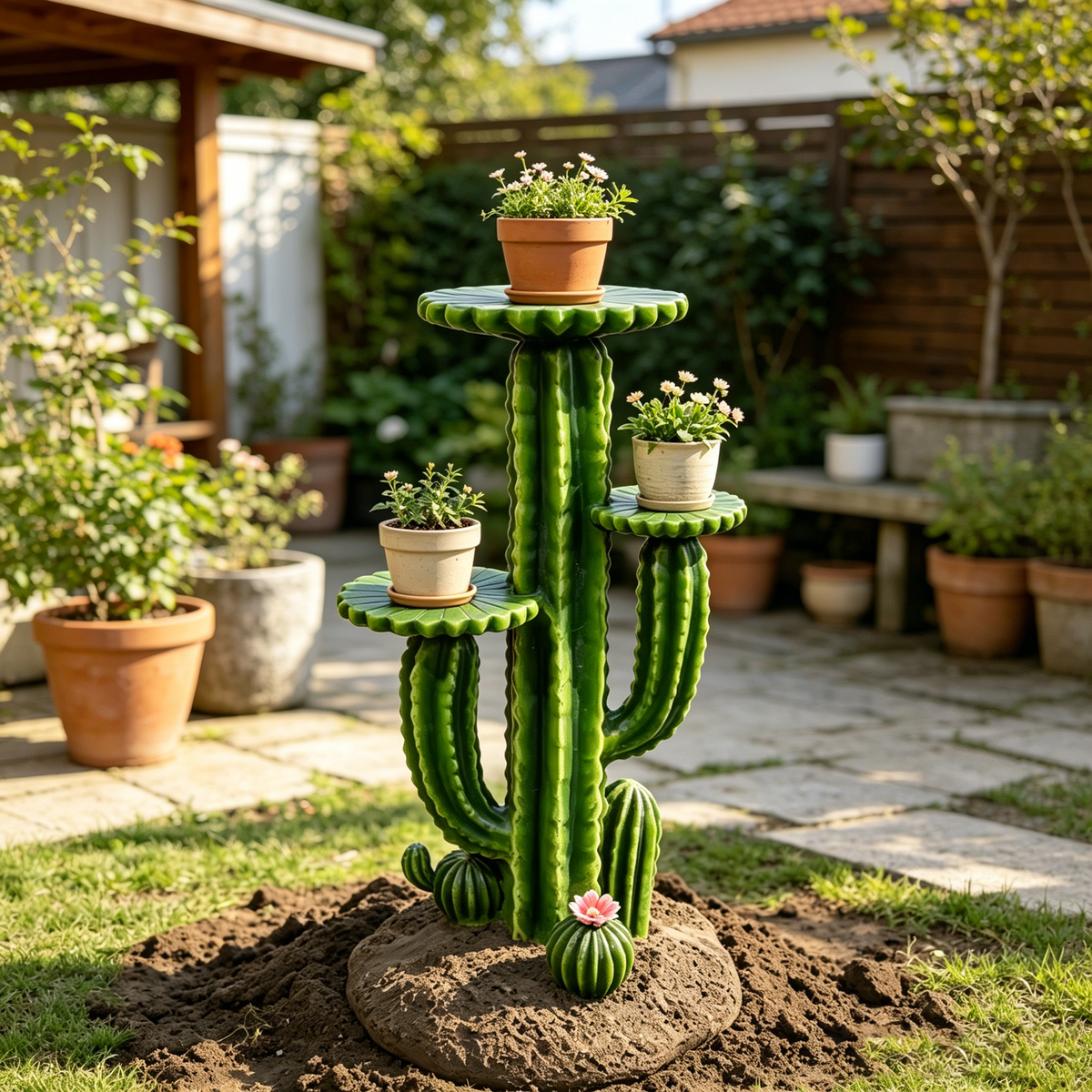 32'' Resin Saguaro Cactus Plant Stand with Three Display Shelves - Green