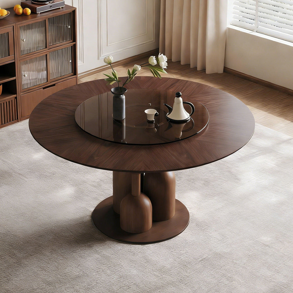 Round Walnut Dining Table with Glass Lazy Susan - Solid Oak